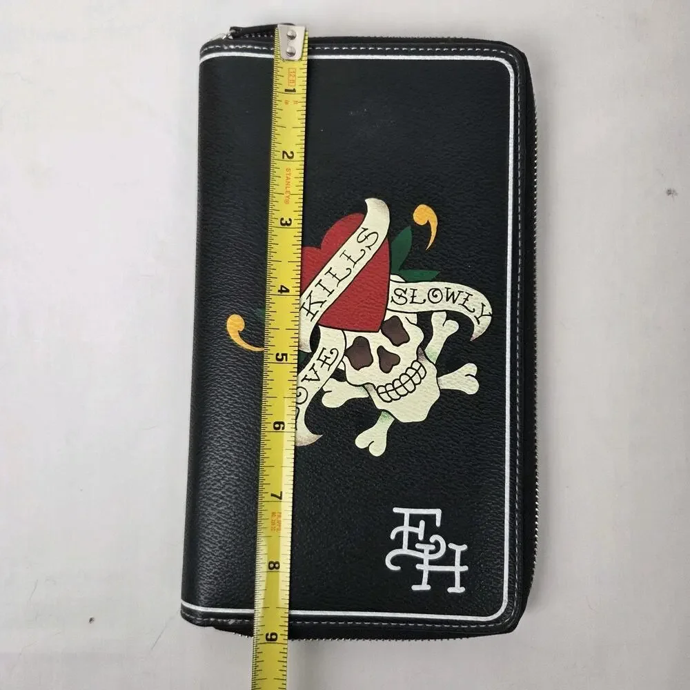 Ed Hardy Black Skull Love Kills Slowly Wallet Zip Around Card Holder Pocket Book